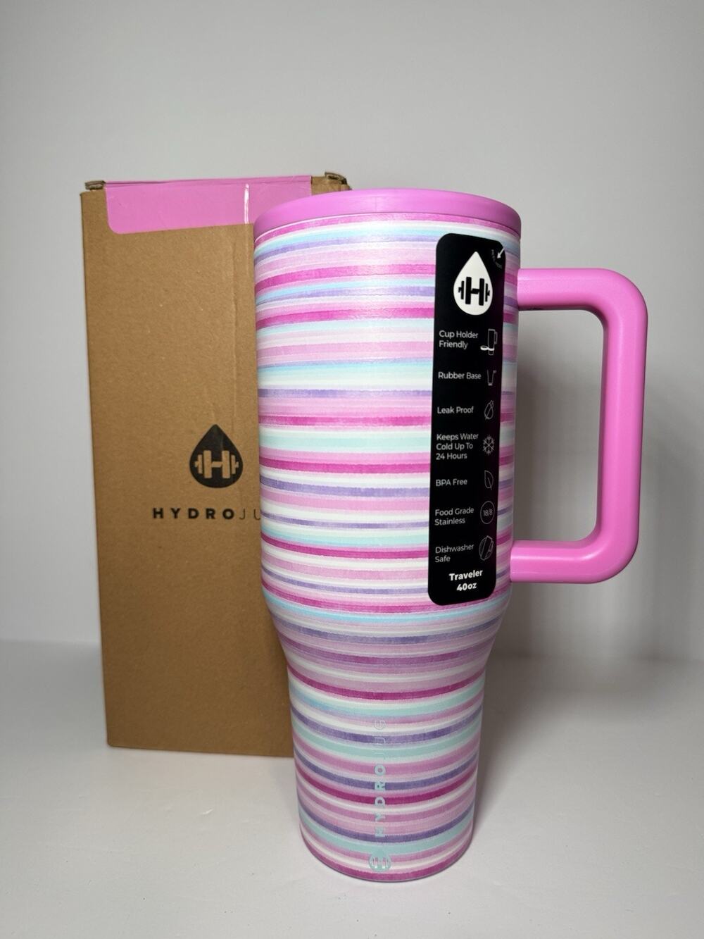 Hydrojug PINK HORIZON 40oz Traveler Tumbler Blue Purple Stripes NEW IN BOX!